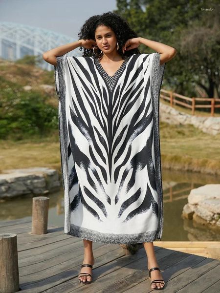 Siyah Zebra Çizgili Baskı Kadınlar Artı Kaftan Plaj Giyim Mayo Kapak Tatil Boho Yaz Kıyafet Evi Robe Q1641