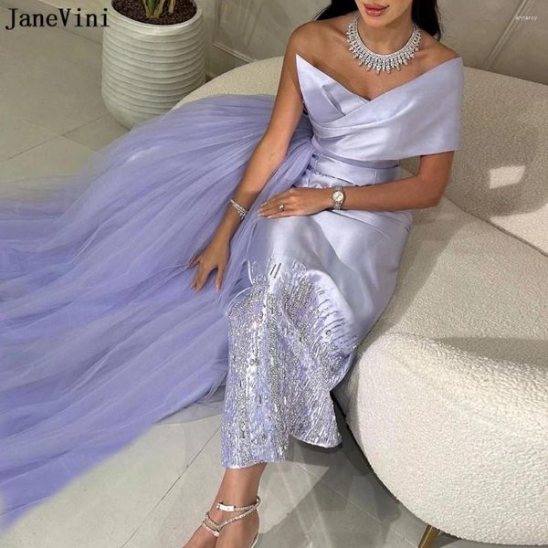 Partykleider Janevini Dubai Arabien Lilac One Schulter Meerjungfrau Abend Bling Perlen Tüll abtrennbarer Zug formelle Kleid für Frauen