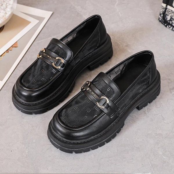 Elbise Ayakkabıları Eather Loafers Kadınlar 2024 Bahar Kalın Solmuş Tek İngiliz Tarzı Retro Platform Brogue Black