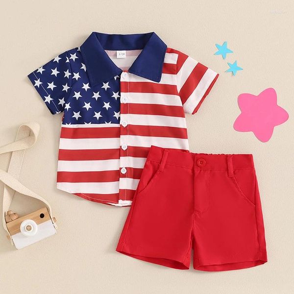 Roupas Conjuntos de roupas Independence Day Kids Boy Roupfits Star Botão de impressão listrada Tops de manga curta Tops de cintura elástica Conjunto de verão Roupas de bebê