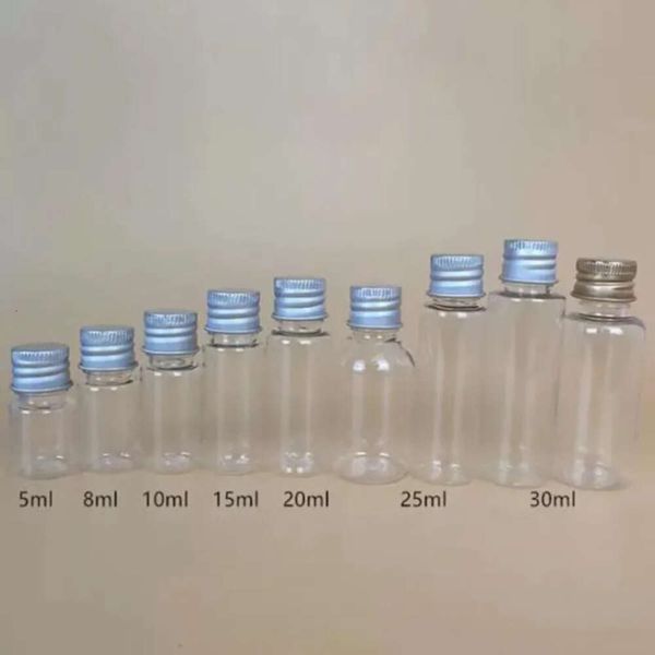 Esundos 25ml de 25 ml de família transparente/branca mini plástico garrafa de animais de estimação reagente químico reagente recipiente com caixas de armazenamento de tampa de alumínio