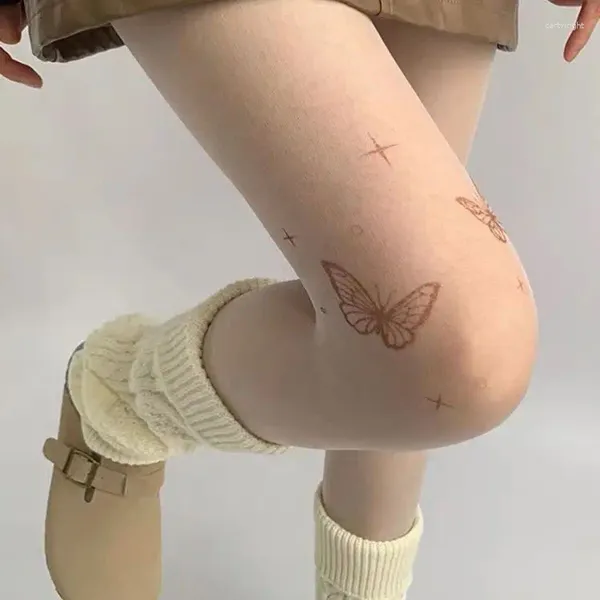 Mulheres meias meias brancas/pretas Pure Desejo Anti-gancho Primavera e outono Tatuagem de borboleta preta Pantyhose impressa