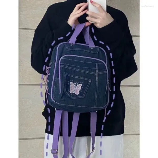 Bolsas escolares mochila de jeans de borboleta miyagawa 2024 impressão azul profunda Backpacks femininos simples Livro de estudantes causais