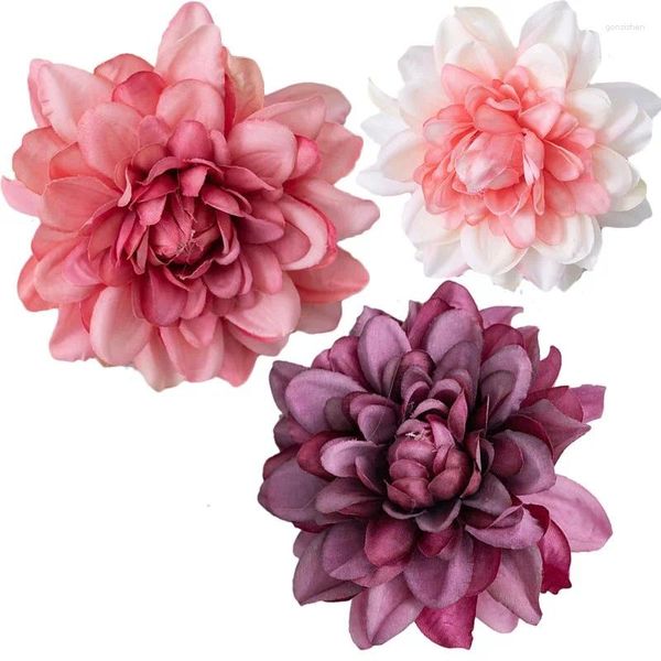 Flores decorativas 8cm Dahlia Cabeças de seda artificial para casamento decoração de casal Diy Wreatch Box Scrapbooking Craft Fake Flower Head