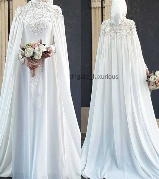 Vestido de noiva muçulmano branco 2023 Islâmico elegante com capa com capa de renda Castelo de noiva Vestidos de noiva longa Chiffon Dubai noiva árabe vestido de noiva casamento modest