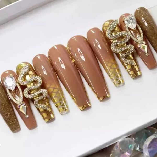 24pcs de caixão de longa unhas falsas com cola pregos falsos marrons vestíveis com shinestones ballet prensando nas unhas pontas de unhas 240509