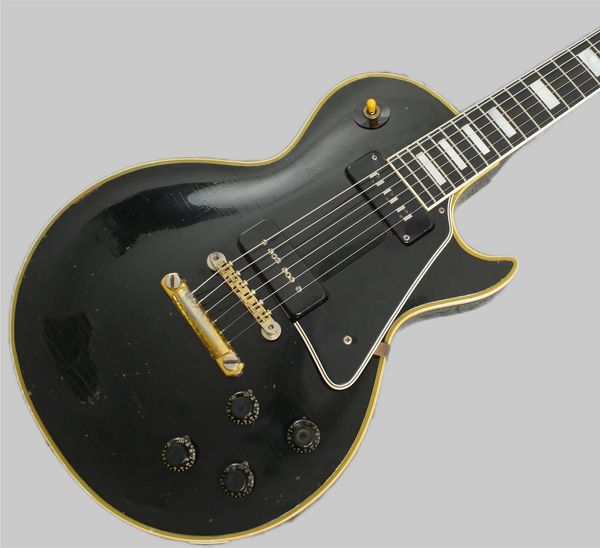 Özel 1958 Reissue P90 Pickup Siyah Güzellik Elektro Gitar Ebony Klavye, Sarı 5 Kat Bağlanma, Siyah Pickguard, Beyaz İnci Blok Kakma 2589