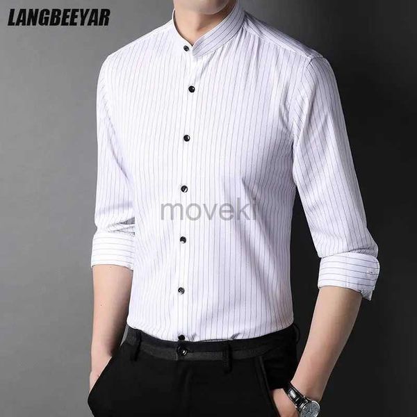 Camisas de vestido masculinas Novo designer de marca de moda mandarim colarinho slim fit listras verticais camisetas casuais casuais mangas compridas roupas masculinas d240427