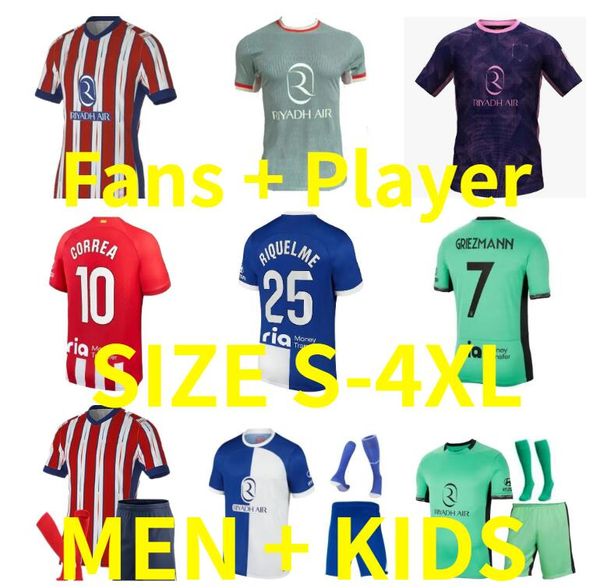 23 24 25 Memphis Athletic Madrids Maglie da calcio 2024 2025 Versione giocatore R.De Paul Griezmann Carrasco M. Llorente Correa Koke Men Kid Kit Youth Football Shirt