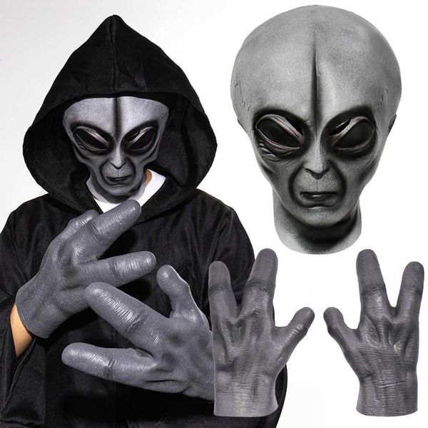 Máscaras de festa 51 zona máscara de máscara alienígena Rap Play Play OVNI Big Eyed Monster Organic Latex Capacete Hands Halloween Props Q240508