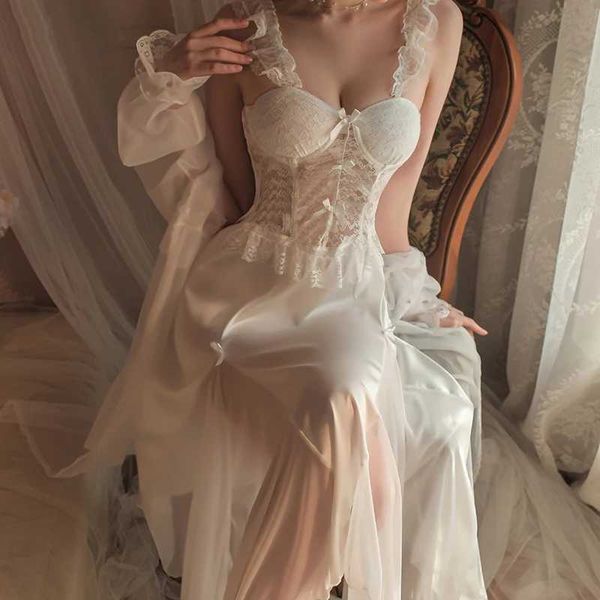 Robô feminino Suspender de renda preta Nightdress Set Women Sexy Long Wedding Twinset Robe Summer New Bathrobe vestido de seda solta camisola de seda