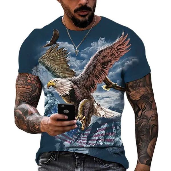 Мужские футболки Новая мужская футболка для животных Принт 3D Eagle Print Футболка Summer Casual Slve Retro Harajuku Негабаритная одежда Tops T240506