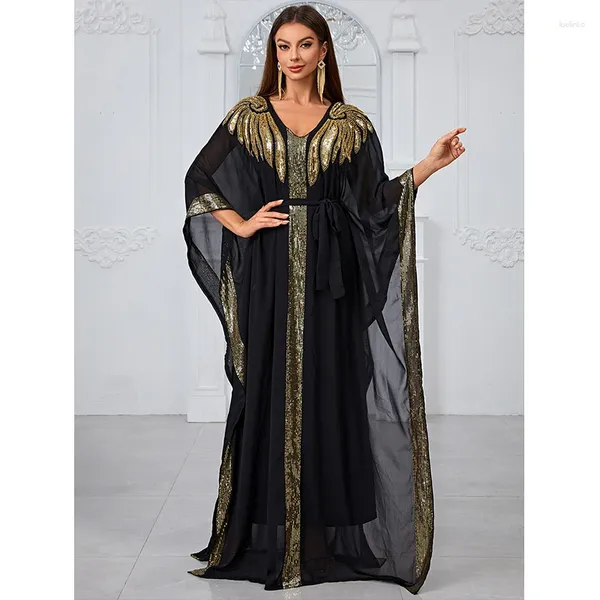 Vestidos casuais Mulheres v pescoço kaftan batwing abaya muçulmano islâmico roupas turcas 2024 elegante lantejoulas chiffon dubai solto maxi longo