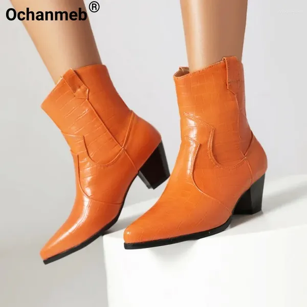 Botas ochanmeb 35-43 mulheres cowboy grossa de salto crocodilo padrão de couro ocidental