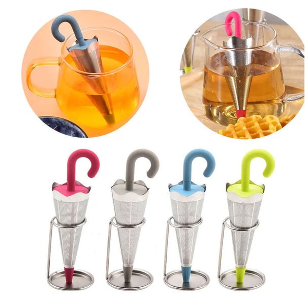 Infuser Tepsi Şemsiyesi Yeniden Kullanılabilir Damla Bardaklar, Kupalar ve Çaydanlıklar, Paslanmaz Çelik İnce Örgü Süzgeç Gevşek Çay İçin Silikon Kapaklı