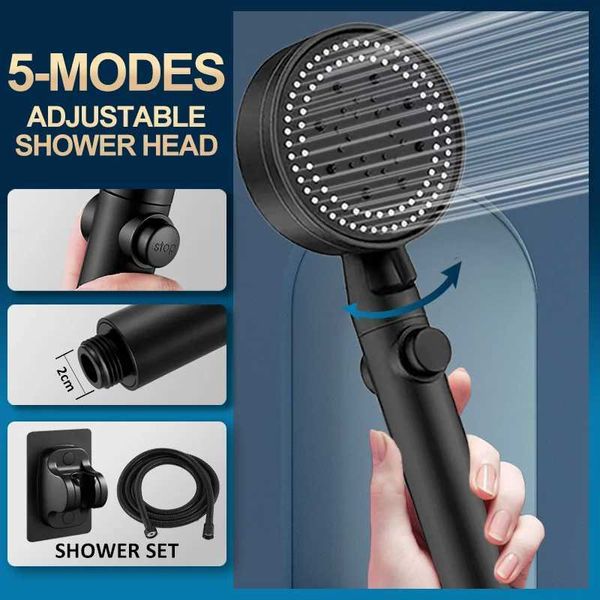 Cabeça de banho do banheiro Cabeça de chuveiro portátil 5 modos chuveiro abds plástico cromo de alta pressão preto conjunto com botões de mangueira acessórios de banheiro