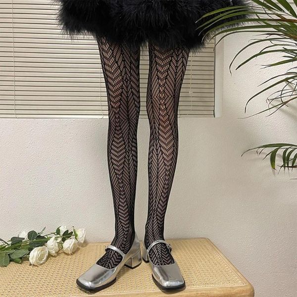 Frauen Socken Ästhetik ausgehöhltem Maschen Spitzen Strumpfhosen Vintage Geometrische Textur Jacquard Fishnet Strumpfhosen Leggings Strümpfe Strümpfe