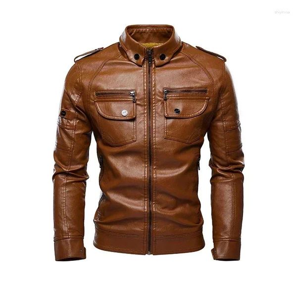 Teppiche Herbst Winter warme Männer schwarze Lederjacke Motorradmantel Streetwear Modefell gefüttertes Militärkleidung