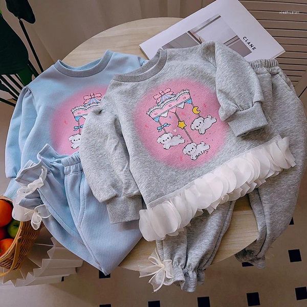 Kleidungsstücke Kinder Mädchen süße Anzüge Cartoon Print Patch Pullover Vollhülle Hoodies High Taille Wide Leghose 2pcs Kinder 1-8