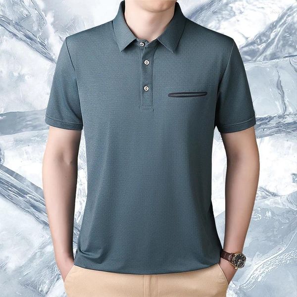 Herren Polos 2024 Einfacher Sommer Feste Farbe Ice Seide Vertikale Streifen Polo-Hemd für losen Sporthals Kurzarm T-Shirt Top