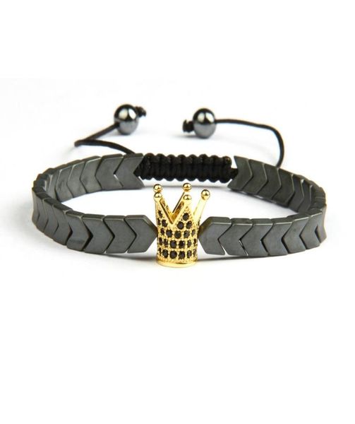 Braccialetti CZ Crown Men Bracciale a corona d'oro nero intero pavimentazione con perle di pietra di ematite per Men8363472