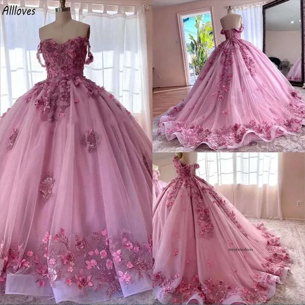 Pink Flowers Light Flores de renda Dinceanera vestidos do ombro Princess Ball Ball Prom Night Night Puffy Long Train Sweet 15 16 Vestido para meninas Desgaste formal 0509