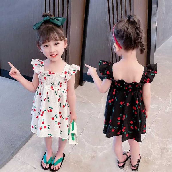 Vestidos de menina Criança garotas de cereja Padrão de verão Vestido de verão para crianças babados mangas roupas A-line para crianças roupas ruched