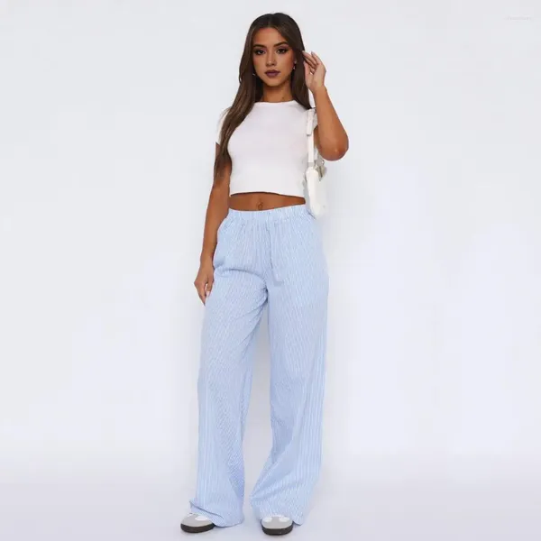 Frauenhose Frauen mit breitem Bein vertikal gestreiftes hoher Taille mit Taschen für stilvolle Hosen Streetwear Mode