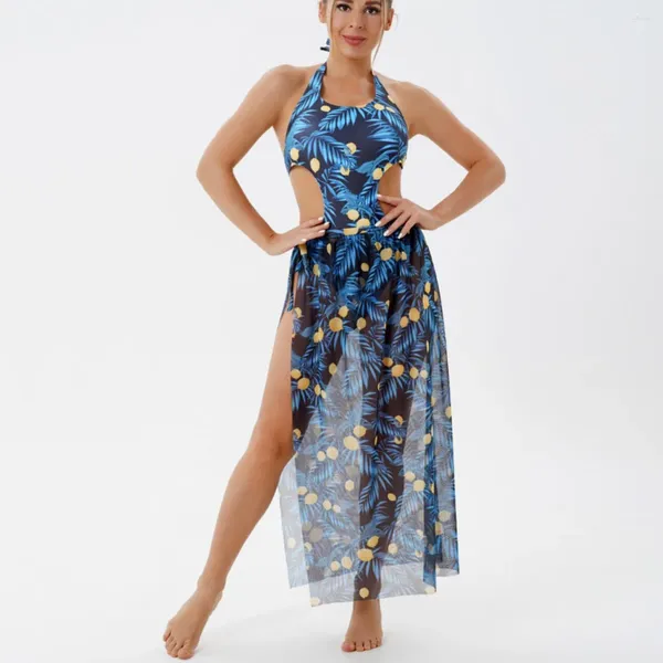 Momento de banho feminina Brasileiro de um maiô de uma peça cortado Monokini 2024 Bodys de impressão sexy de halter com maxi cover up Dress Swimming Suit