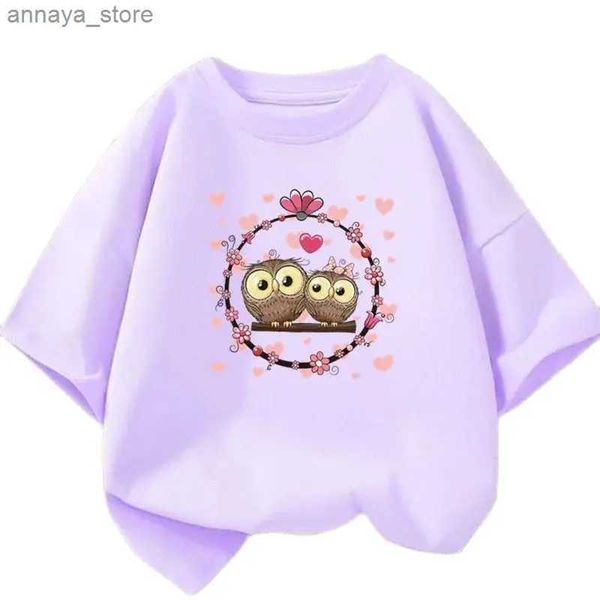 T-Shirts 2024 Sommer New Cute Owl Print Girl T-Shirt Harajuku Childrens Top T-Shirt Casual Street Kleidung Kurzarm Pink T-Shirtl2405
