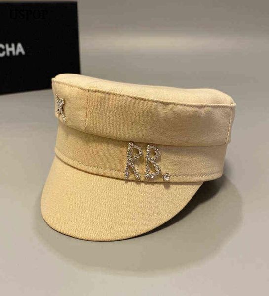 USPOP Nuovo cotone e lino Rinestone Lettera di giornale Caps Women Flat Militray Caps AA2203044609062