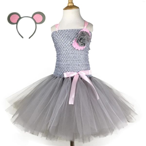 Mädchenkleider süße baby rosa graue Maus Tutu Kleid Girls Häkeln Tüll mit Blume und Haarbogen Kinder Geburtstagsfeier Kostüm