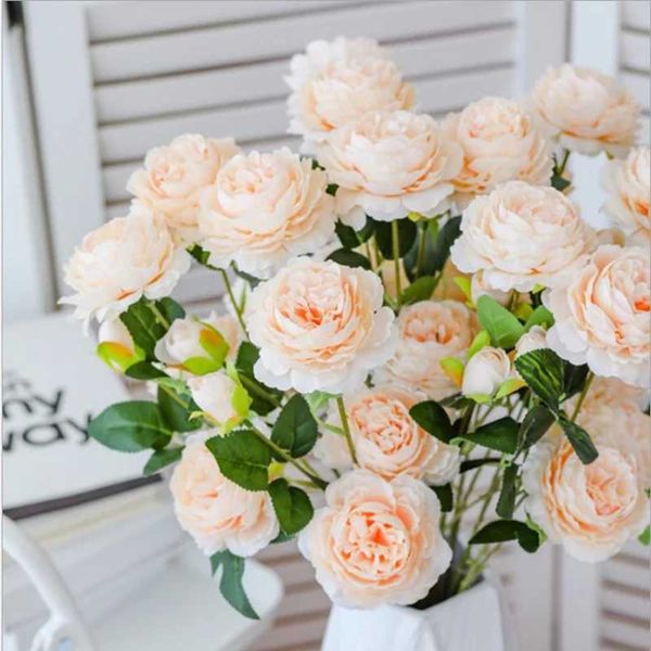 Flores decorativas Wreaths Factory por atacado estilo europeu 3 Peony Flowers Artificial Wedding Decorativo Vaso de plantas falsas para acessórios de decoração