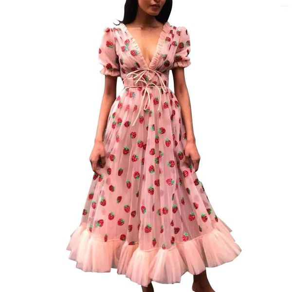 Abiti casual Donne Donne Fragole Strawberry Summer Sequestre Mesh Sweet Lolita High Wile Black Pink Tulle Long Maxi per Robe Femme