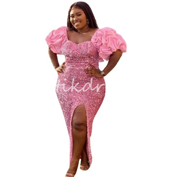 Lantejacho rosa sereia baile de vestes para mulheres negras ASO EBI High Split Plus Size Dress Vestido de festa formal Vestidos de festa com mangas curtas fofos