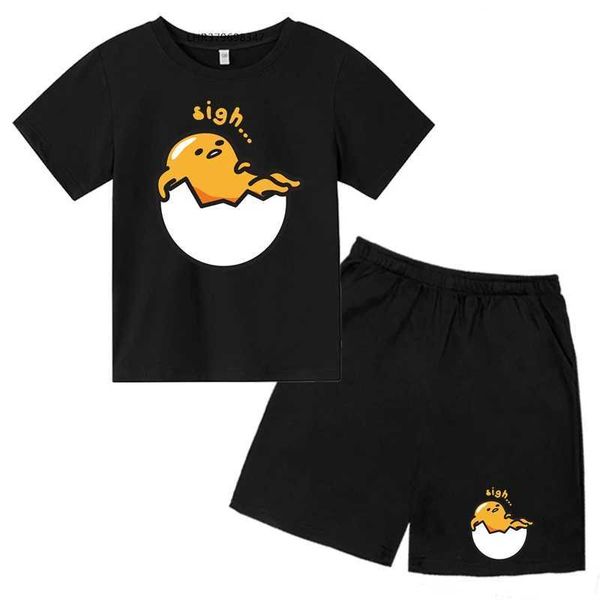 Roupas conjuntos de camisetas infantis+shorts Conjunto de shorts Gudetama Crianças Rouno Round Ncond Set de 2 a 12 anos de idade meninos e meninas estampas casuais de desenho animado Short Sleevedl240509