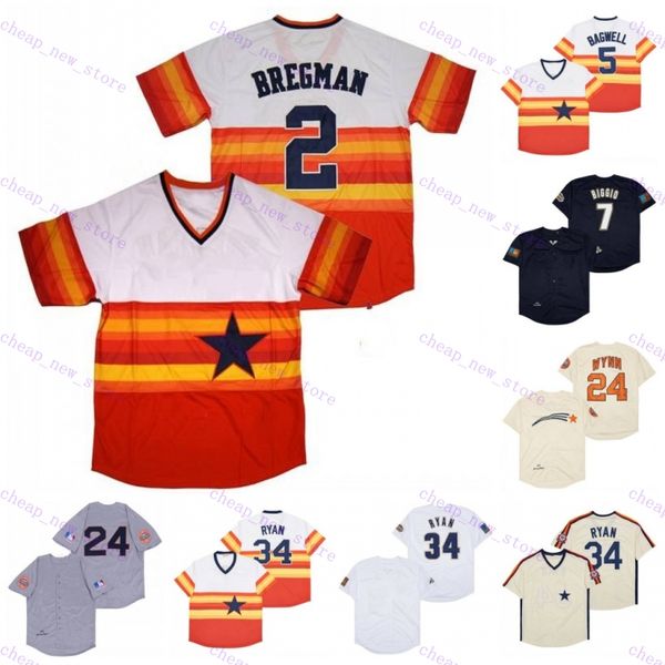 Ucuz Beyzbol Formaları 7 Biggio /2 Bregman /5 Bagwell /24 Wynn /34 Ryan Vintage Retro Beyaz Turuncu Kırmızı Koyu Mavi Gri Gömlek dikişli