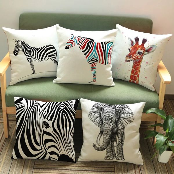 Almofada de animais selvagens Cushion decorativo Africano Zebra Elepha Squiraffe Pillows Pillowcase Cotton Linho 45x45cm 240508