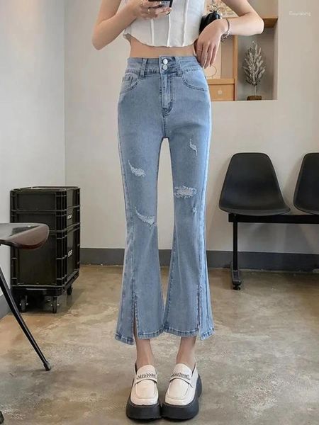 Jeans femininos 2024 Summer Mulheres elasticidade da cintura alta esticando calças longas de flare split