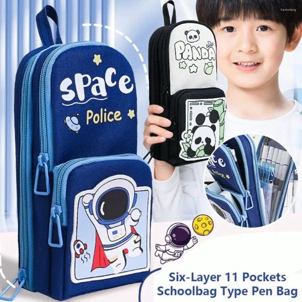 Borse da scuola di tipo cartone animato a sei strati 11 tasche di grande capacità di grande capacità Panda/astronauta impermeabile ragazzi/ragazze