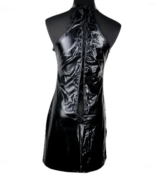 Lässige Kleider sexy Schnüre -up -Latexkostüm Kunstleder Mini Kleid Vinyl PVC Kleidung Clubwear