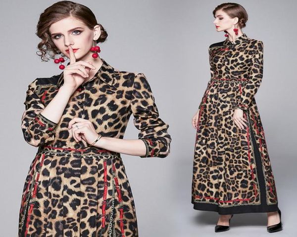 Frump Summer Runway Runway Vintage Leopard Chain Cint Stampa colletto Impero a manica lunga Women Ladies Casual Party Maxi Dress Wh9609904