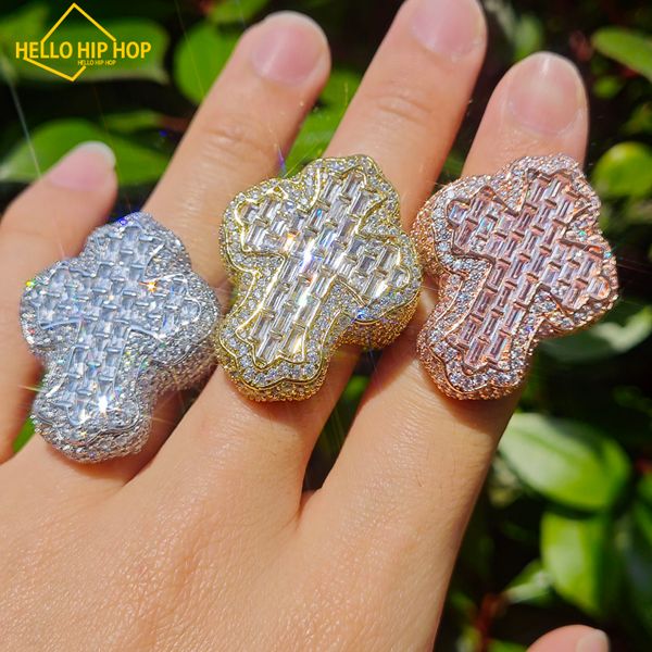 Baguette Cross Finger Ring Iced Out Aaaa Zircon Icepout Fashion Luxulry Men Hip Hop Rings Jóias para Presente