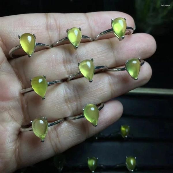 Anéis de cluster 1 PC PC Fengbaowu Natural Gold Prehnite Water Drop Ring 925 Sterling Silver Reiki Healing Stone Fashion Jewelry for Women