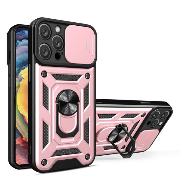 Design per diapositiva per lenti Shock Armour Ring Kickstand Case per iPhone 15 14 13 12 11 Pro Max Mini Auto Porta della macchina Telefono protezione della fotocamera