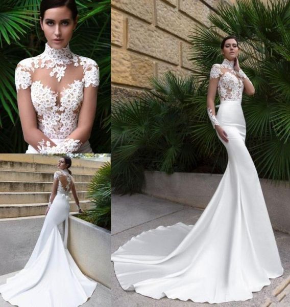 Abiti da sposa sirena sexy a cristallo ad alto collo vede abiti da sposa a buon mercato con maniche lunghe posteriori con treno sweep MM443854021