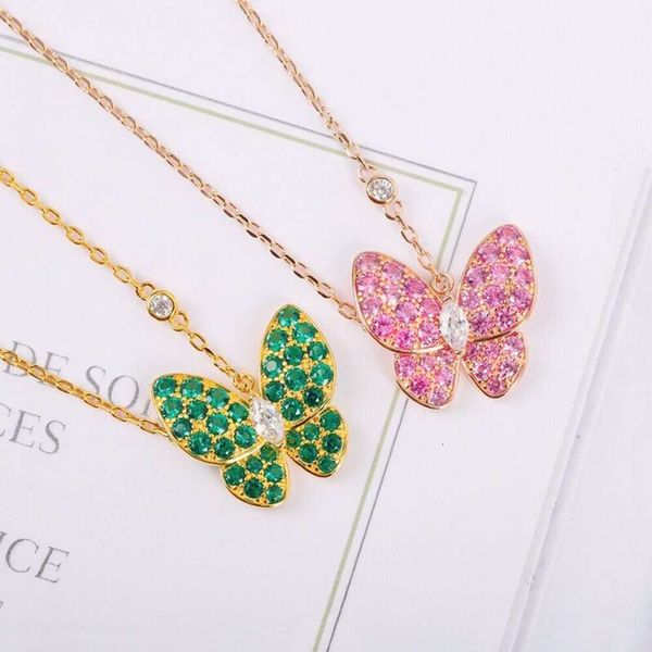 Hot Selling S Sterling Sier Pink Diamond Lucky Sweet Butterfly Pingente Ladies Fashion Colar para mulheres Presente de joias da marca