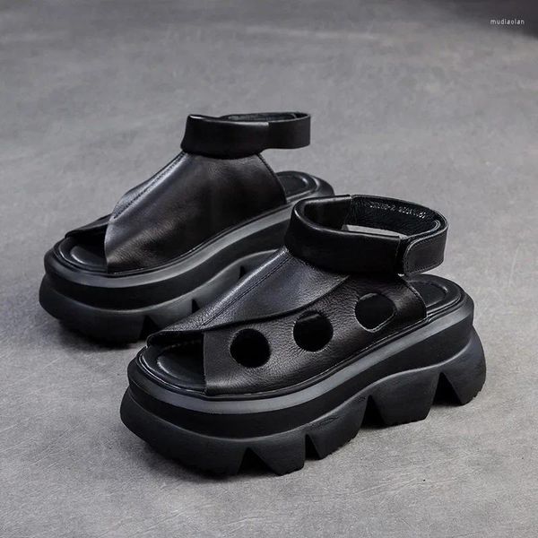 Sandalen Birkuir Retro Hollow Out Frauen echtes Leder 6,5 cm dicke Absatzwebee hohe Top -Schuhe Luxus -Zip -Plattform