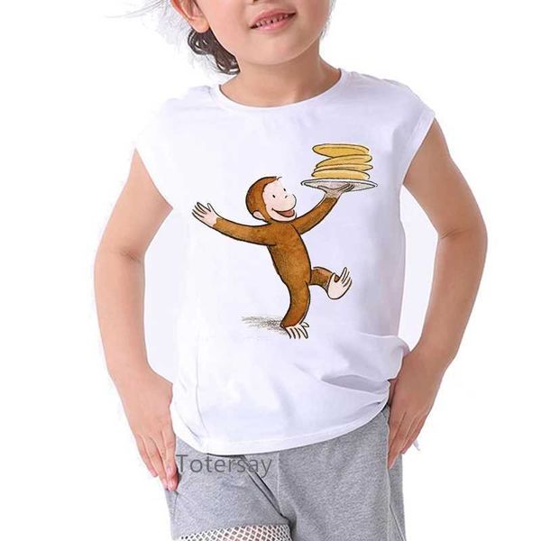 T-shirts Curiosa George Eating Banana Cartoon Print T-shirt Para meninos e meninas Fun Cavai Criando Crianças Unissex Camiseta de alta qualidade Camisetasl2405