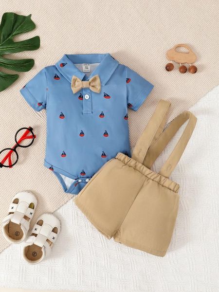 Kleidungssets Kurzarm Gentleman's kleiner Anzug für Baby Jungen Sommer Reversblau-Dreieck Khaki mit Shorts und Bug gutaussehender zweiteiler